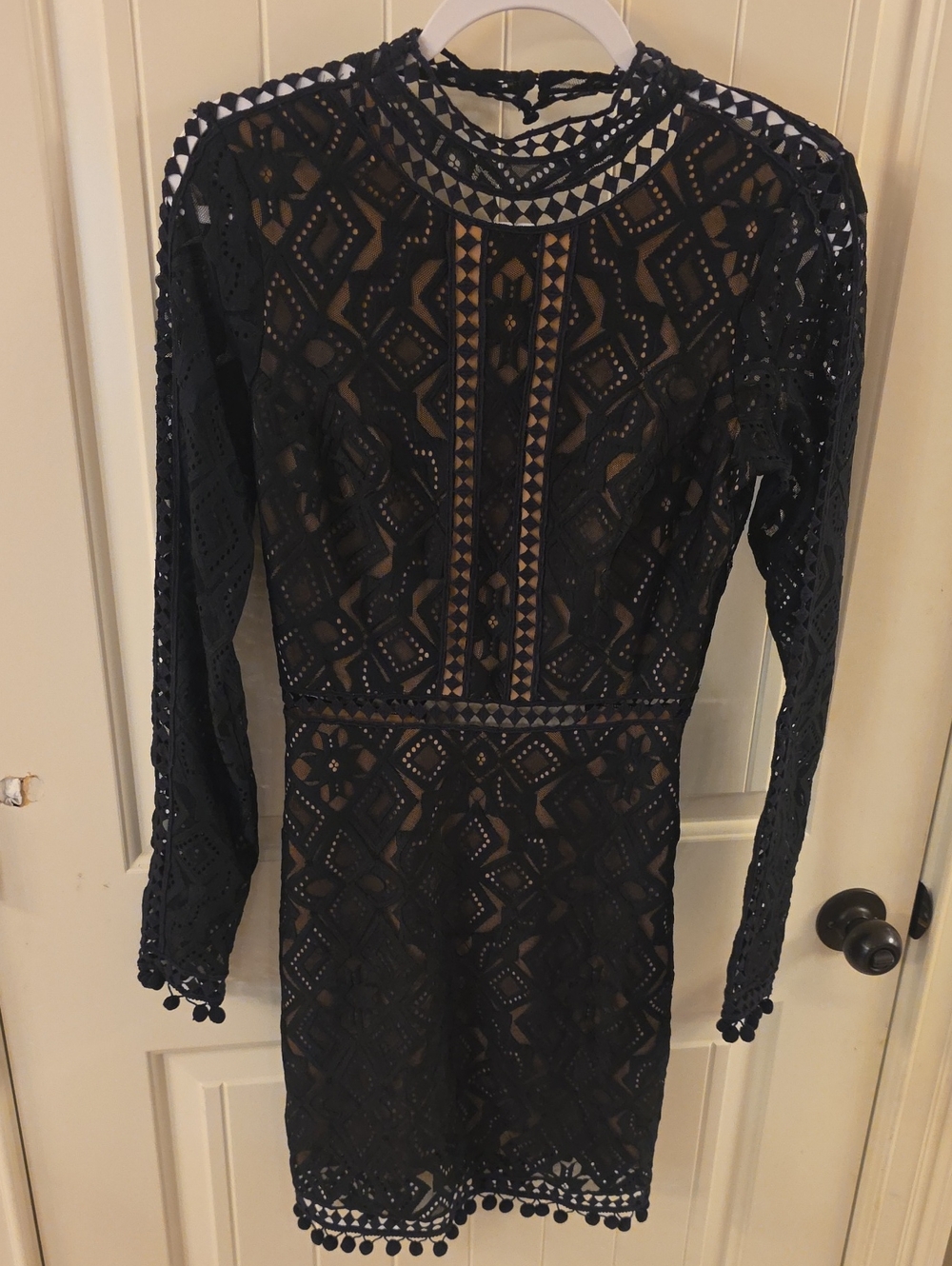 Black Long-Sleeve Lace Mini Dress with Pom Trim